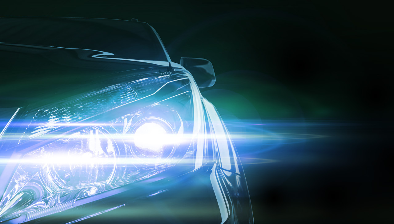 Car headlight at night